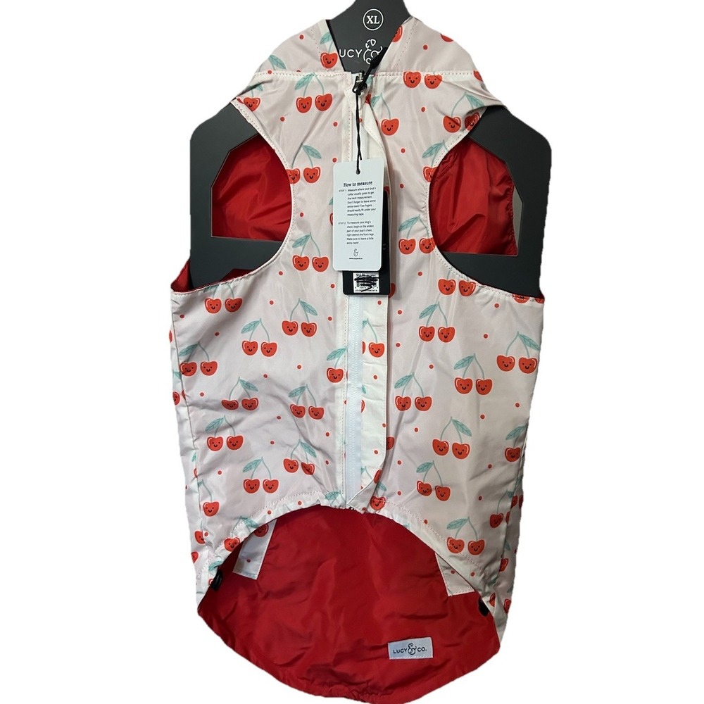 LUCY AND CO DOG REVERSIBLE RAINCOAT New PINK RED CHERRIES LARGE